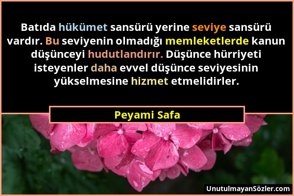 Peyami Safa - Batıda hükümet sansürü yerine seviye sansürü vardır. Bu seviyenin olmadığı memleketlerde kanun düşünceyi hudutlandırır. Düşünce hürriyet...