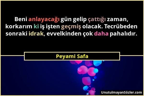 Peyami Safa - Beni anlayacağı gün gelip çattığı zaman, korkarım ki iş işten geçmiş olacak. Tecrübeden sonraki idrak, evvelkinden çok daha pahalıdır....