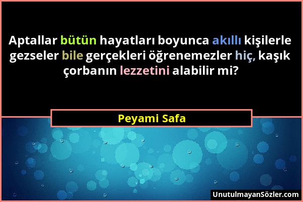 Peyami Safa - Aptallar bütün hayatları boyunca akıllı kişilerle gezseler bile gerçekleri öğrenemezler hiç, kaşık çorbanın lezzetini alabilir mi?...