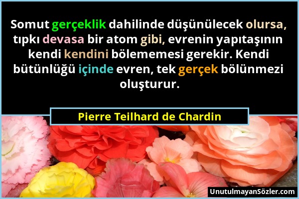 Pierre Teilhard de Chardin - Somut gerçeklik dahilinde düşünülecek olursa, tıpkı devasa bir atom gibi, evrenin yapıtaşının kendi kendini bölememesi ge...