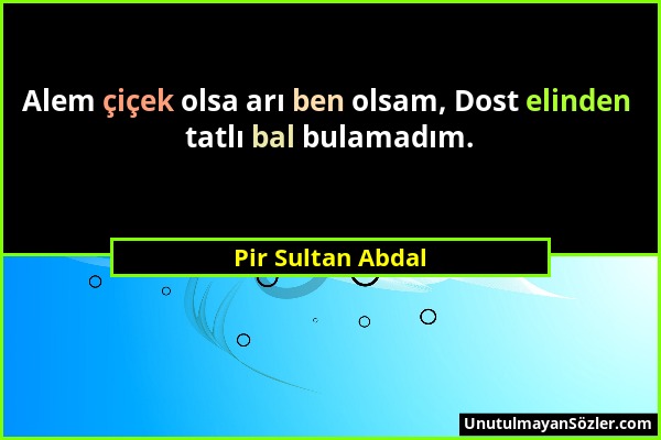 Pir Sultan Abdal - Alem çiçek olsa arı ben olsam, Dost elinden tatlı bal bulamadım....