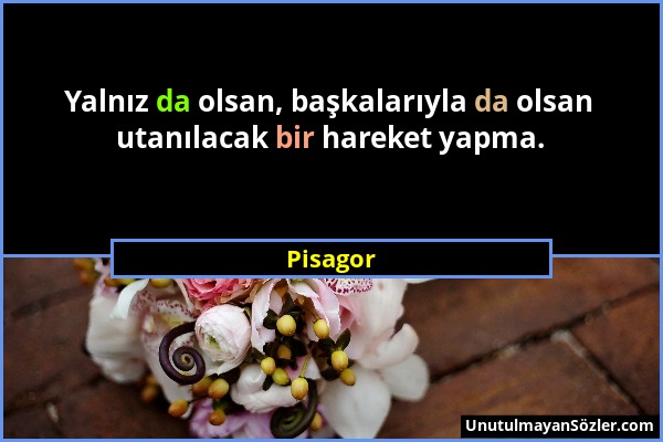 Pisagor - Yalnız da olsan, başkalarıyla da olsan utanılacak bir hareket yapma....