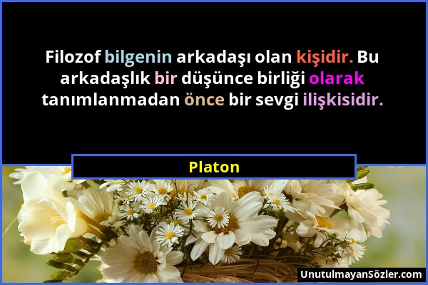 Platon - Filozof bilgenin arkadaşı olan kişidir. Bu arkadaşlık bir düşünce birliği olarak tanımlanmadan önce bir sevgi ilişkisidir....