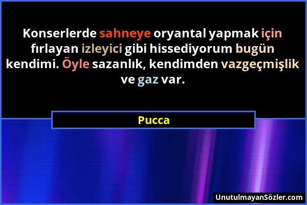 Pucca - Konserlerde sahneye oryantal yapmak için fırlayan izleyici gibi hissediyorum bugün kendimi. Öyle sazanlık, kendimden vazgeçmişlik ve gaz var....