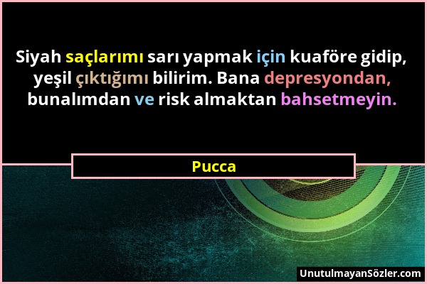 Pucca - Siyah saçlarımı sarı yapmak için kuaföre gidip, yeşil çıktığımı bilirim. Bana depresyondan, bunalımdan ve risk almaktan bahsetmeyin....