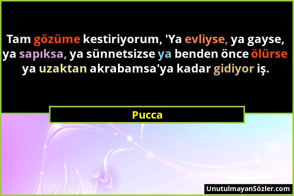 Pucca - Tam gözüme kestiriyorum, 'Ya evliyse, ya gayse, ya sapıksa, ya sünnetsizse ya benden önce ölürse ya uzaktan akrabamsa'ya kadar gidiyor iş....