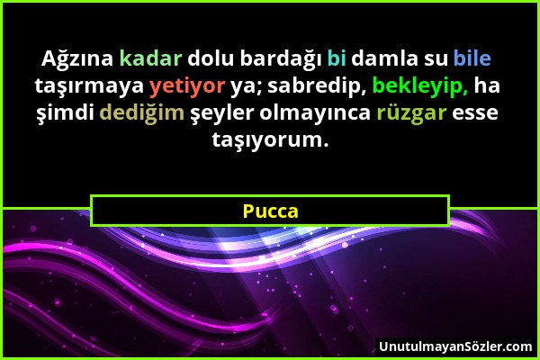 Pucca - Ağzına kadar dolu bardağı bi damla su bile taşırmaya yetiyor ya; sabredip, bekleyip, ha şimdi dediğim şeyler olmayınca rüzgar esse taşıyorum....