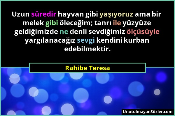 Rahibe Teresa - Uzun süredir hayvan gibi yaşıyoruz ama bir melek gibi öleceğim; tanrı ile yüzyüze geldiğimizde ne denli sevdiğimiz ölçüsüyle yargılana...