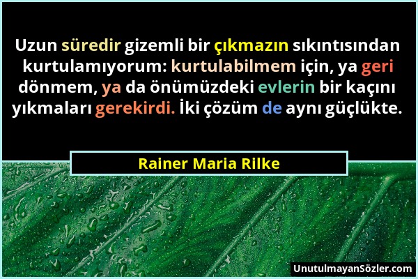Rainer Maria Rilke - Uzun süredir gizemli bir çıkmazın sıkıntısından kurtulamıyorum: kurtulabilmem için, ya geri dönmem, ya da önümüzdeki evlerin bir...