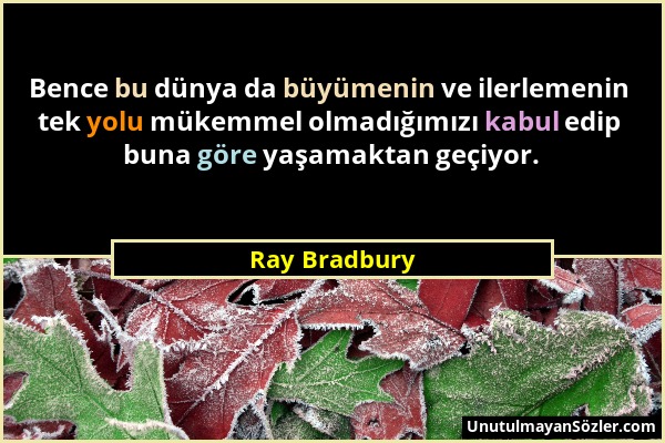 Ray Bradbury - Bence bu dünya da büyümenin ve ilerlemenin tek yolu mükemmel olmadığımızı kabul edip buna göre yaşamaktan geçiyor....