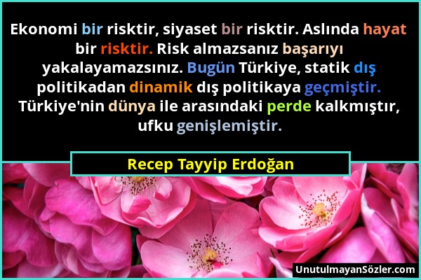 Recep Tayyip Erdoğan - Ekonomi bir risktir, siyaset bir risktir. Aslında hayat bir risktir. Risk almazsanız başarıyı yakalayamazsınız. Bugün Türkiye,...