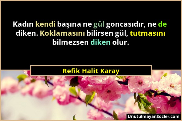 Refik Halit Karay - Kadın kendi başına ne gül goncasıdır, ne de diken. Koklamasını bilirsen gül, tutmasını bilmezsen diken olur....