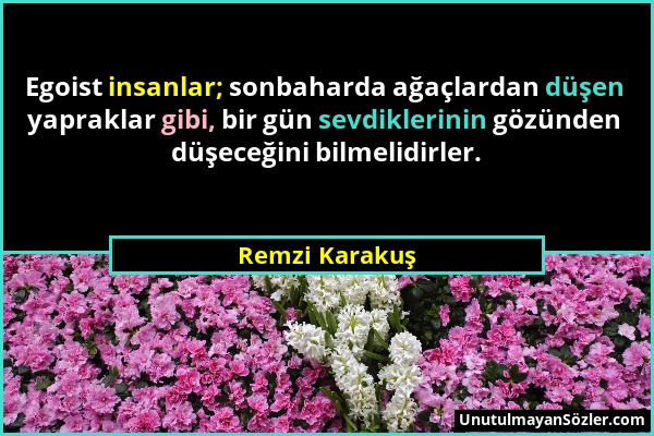 Remzi Karakuş - Egoist insanlar; sonbaharda ağaçlardan düşen yapraklar gibi, bir gün sevdiklerinin gözünden düşeceğini bilmelidirler....