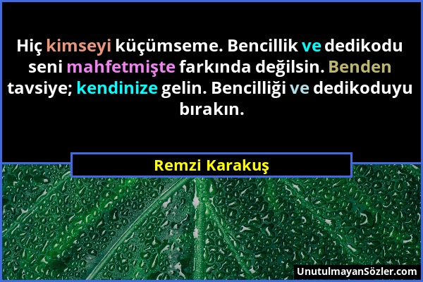 Remzi Karakuş - Hiç kimseyi küçümseme. Bencillik ve dedikodu seni mahfetmişte farkında değilsin. Benden tavsiye; kendinize gelin. Bencilliği ve dediko...