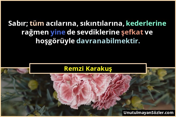 Remzi Karakuş - Sabır; tüm acılarına, sıkıntılarına, kederlerine rağmen yine de sevdiklerine şefkat ve hoşgörüyle davranabilmektir....