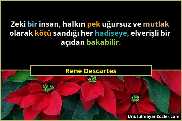 Rene Descartes - Zeki bir insan, halkın pek uğursuz ve mutlak olarak kötü sandığı her hadiseye, elverişli bir açıdan bakabilir....