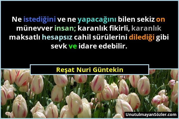 Reşat Nuri Güntekin - Ne istediğini ve ne yapacağını bilen sekiz on münevver insan; karanlık fikirli, karanlık maksatlı hesapsız cahil sürülerini dile...