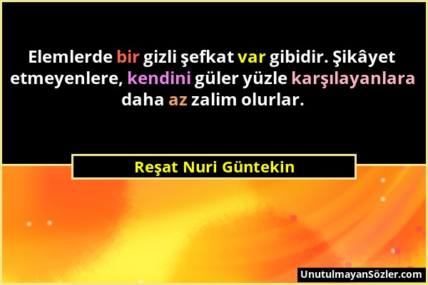 Reşat Nuri Güntekin - Elemlerde bir gizli şefkat var gibidir. Şikâyet etmeyenlere, kendini güler yüzle karşılayanlara daha az zalim olurlar....