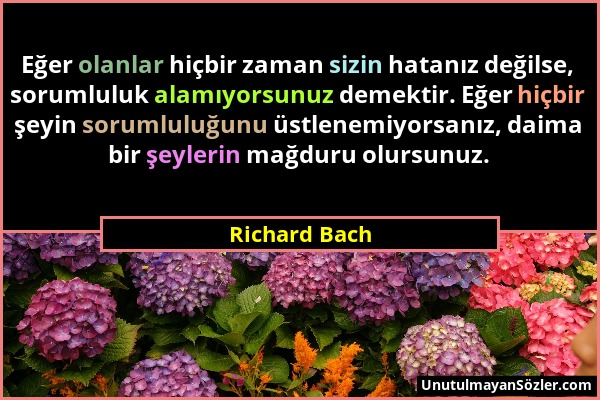 Richard Bach - Eğer olanlar hiçbir zaman sizin hatanız değilse, sorumluluk alamıyorsunuz demektir. Eğer hiçbir şeyin sorumluluğunu üstlenemiyorsanız,...