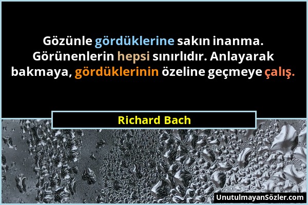 Richard Bach - Gözünle gördüklerine sakın inanma. Görünenlerin hepsi sınırlıdır. Anlayarak bakmaya, gördüklerinin özeline geçmeye çalış....