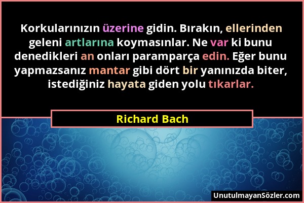 Richard Bach - Korkularınızın üzerine gidin. Bırakın, ellerinden geleni artlarına koymasınlar. Ne var ki bunu denedikleri an onları paramparça edin. E...