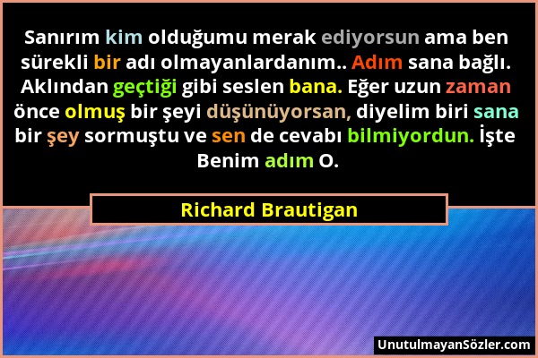 Richard Brautigan - Sanırım kim olduğumu merak ediyorsun ama ben sürekli bir adı olmayanlardanım.. Adım sana bağlı. Aklından geçtiği gibi seslen bana....