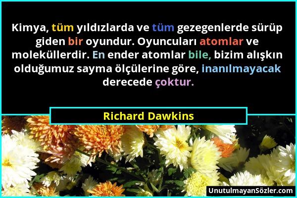 Richard Dawkins - Kimya, tüm yıldızlarda ve tüm gezegenlerde sürüp giden bir oyundur. Oyuncuları atomlar ve moleküllerdir. En ender atomlar bile, bizi...