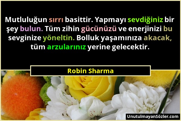 Robin Sharma - Mutluluğun sırrı basittir. Yapmayı sevdiğiniz bir şey bulun. Tüm zihin gücünüzü ve enerjinizi bu sevginize yöneltin. Bolluk yaşamınıza...