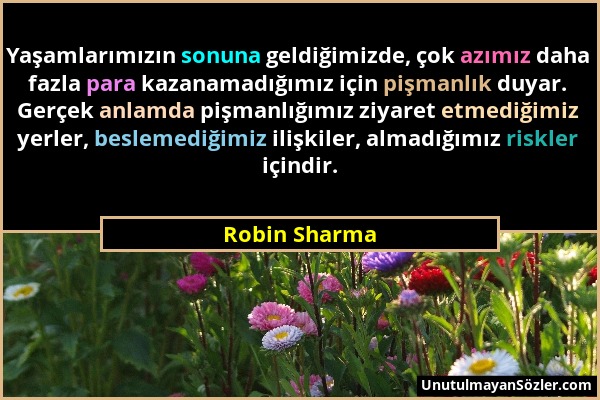 Robin Sharma - Yaşamlarımızın sonuna geldiğimizde, çok azımız daha fazla para kazanamadığımız için pişmanlık duyar. Gerçek anlamda pişmanlığımız ziyar...