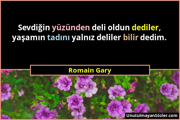 Romain Gary - Sevdiğin yüzünden deli oldun dediler, yaşamın tadını yalnız deliler bilir dedim....