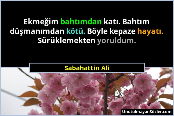 Sabahattin Ali - Ekmeğim bahtımdan katı. Bahtım düşmanımdan kötü. Böyle kepaze hayatı. Sürüklemekten yoruldum....