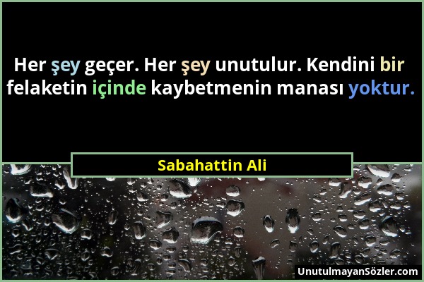 Sabahattin Ali - Her şey geçer. Her şey unutulur. Kendini bir felaketin içinde kaybetmenin manası yoktur....