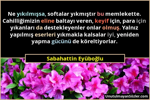 Sabahattin Eyüboğlu - Ne yıkılmışsa, softalar yıkmıştır bu memlekette. Cahilliğimizin eline baltayı veren, keyif için, para için yıkanları da destekle...