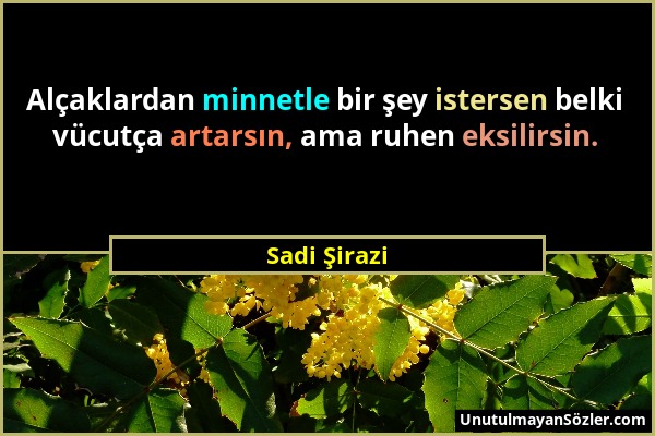 Sadi Şirazi - Alçaklardan minnetle bir şey istersen belki vücutça artarsın, ama ruhen eksilirsin....