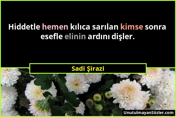 Sadi Şirazi - Hiddetle hemen kılıca sarılan kimse sonra esefle elinin ardını dişler....