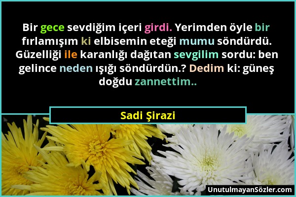 Sadi Şirazi - Bir gece sevdiğim içeri girdi. Yerimden öyle bir fırlamışım ki elbisemin eteği mumu söndürdü. Güzelliği ile karanlığı dağıtan sevgilim s...