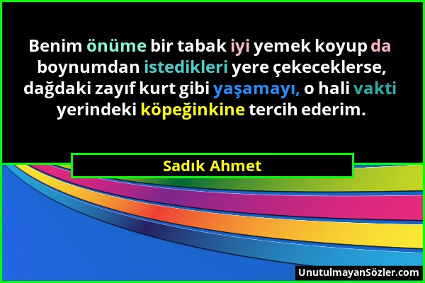 Sadık Ahmet - Benim önüme bir tabak iyi yemek koyup da boynumdan istedikleri yere çekeceklerse, dağdaki zayıf kurt gibi yaşamayı, o hali vakti yerinde...