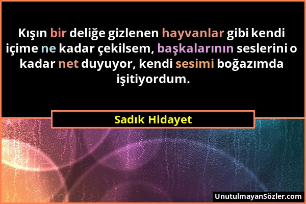 Sadık Hidayet - Kışın bir deliğe gizlenen hayvanlar gibi kendi içime ne kadar çekilsem, başkalarının seslerini o kadar net duyuyor, kendi sesimi boğaz...