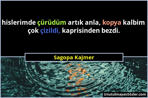 Sagopa Kajmer - hislerimde çürüdüm artık anla, kopya kalbim çok çizildi, kaprisinden bezdi....