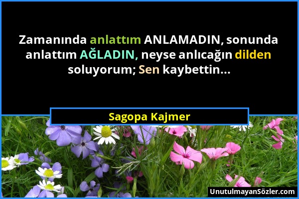 Sagopa Kajmer - Zamanında anlattım ANLAMADIN, sonunda anlattım AĞLADIN, neyse anlıcağın dilden soluyorum; Sen kaybettin......