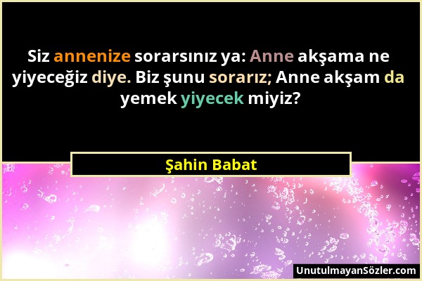 Şahin Babat - Siz annenize sorarsınız ya: Anne akşama ne yiyeceğiz diye. Biz şunu sorarız; Anne akşam da yemek yiyecek miyiz?...