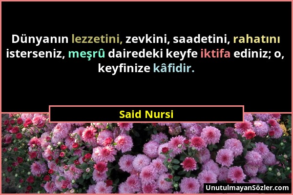 Said Nursi - Dünyanın lezzetini, zevkini, saadetini, rahatını isterseniz, meşrû dairedeki keyfe iktifa ediniz; o, keyfinize kâfidir....