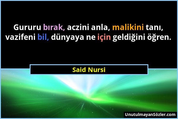 Said Nursi - Gururu bırak, aczini anla, malikini tanı, vazifeni bil, dünyaya ne için geldiğini öğren....