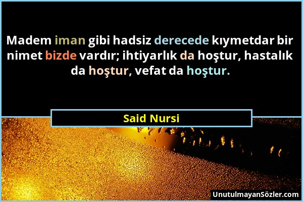 Said Nursi - Madem iman gibi hadsiz derecede kıymetdar bir nimet bizde vardır; ihtiyarlık da hoştur, hastalık da hoştur, vefat da hoştur....