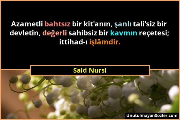 Said Nursi - Azametli bahtsız bir kit'anın, şanlı tali'siz bir devletin, değerli sahibsiz bir kavmın reçetesi; ittihad-ı işlâmdir....