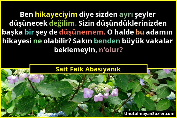 Sait Faik Abasıyanık - Ben hikayeciyim diye sizden ayrı şeyler düşünecek değilim. Sizin düşündüklerinizden başka bir şey de düşünemem. O halde bu adam...