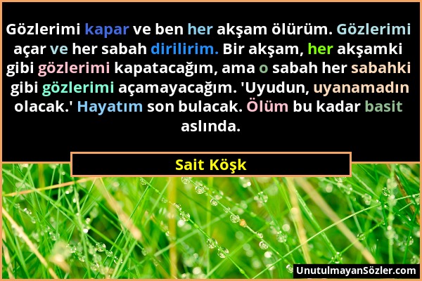 Sait Köşk - Gözlerimi kapar ve ben her akşam ölürüm. Gözlerimi açar ve her sabah dirilirim. Bir akşam, her akşamki gibi gözlerimi kapatacağım, ama o s...