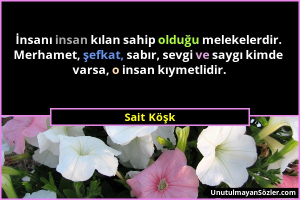 Sait Köşk - İnsanı insan kılan sahip olduğu melekelerdir. Merhamet, şefkat, sabır, sevgi ve saygı kimde varsa, o insan kıymetlidir....