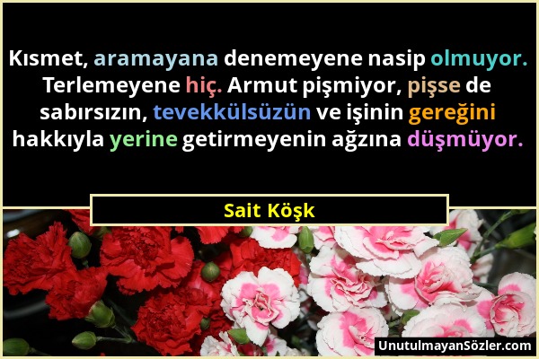 Sait Köşk - Kısmet, aramayana denemeyene nasip olmuyor. Terlemeyene hiç. Armut pişmiyor, pişse de sabırsızın, tevekkülsüzün ve işinin gereğini hakkıyl...