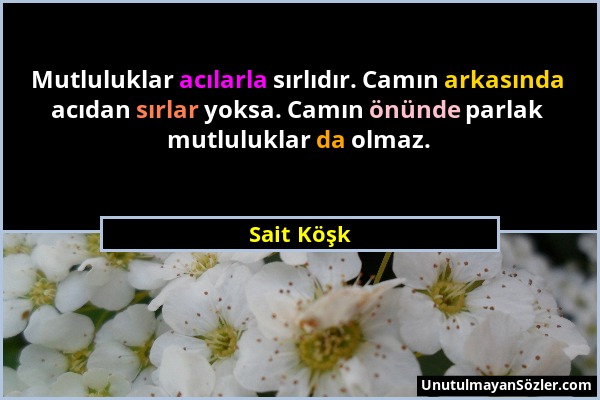 Sait Köşk - Mutluluklar acılarla sırlıdır. Camın arkasında acıdan sırlar yoksa. Camın önünde parlak mutluluklar da olmaz....